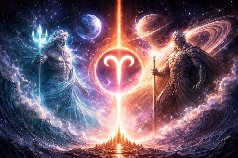 Astrologische Deutung Neptun-Konjunktion im Widder symbolisch dargestellt